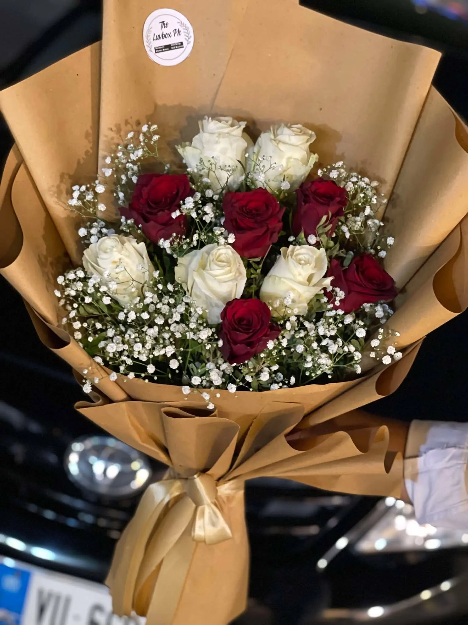 Rustic Romance – White & Red Rose Bouquet in Brown Wrap
