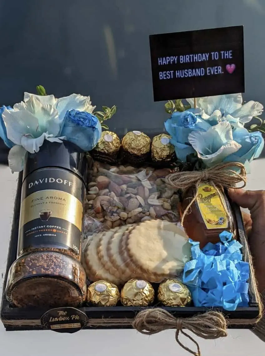 Gentleman’s Luxe Birthday Gift Tray with coffee, flowers, honey and chocolates