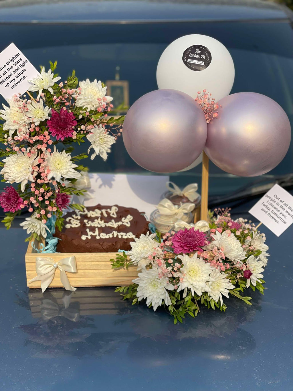 Floral Bliss Tray – Wooden Tray with Cake & Flowers