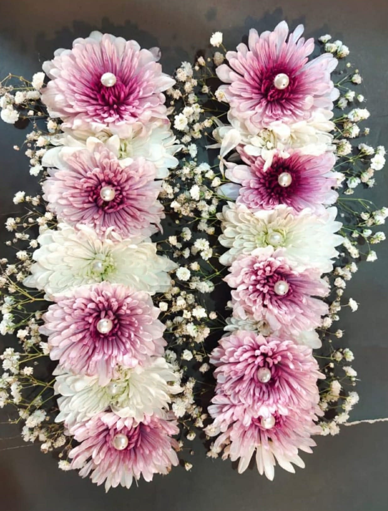 Handcrafted chrysanthemum floral gajray for weddings.