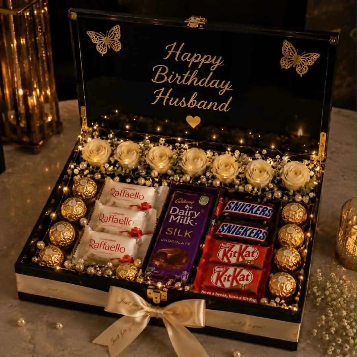 Midnight Romance – Black Acrylic Flap Box with Red Roses & Mixed Chocolates