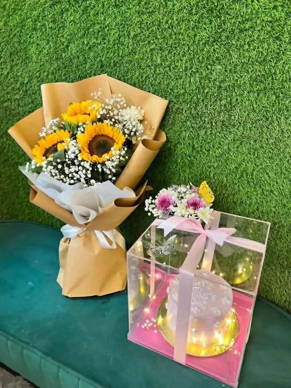 Blooming Birthday Luxe Box – 2 lbs Pink Cake with Mini Sunflower Bouquet