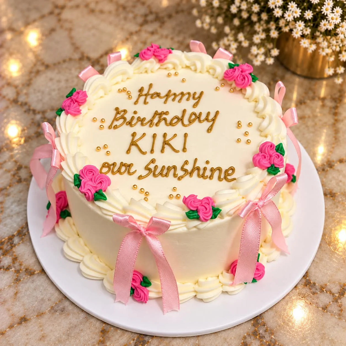 Elegant 2 lbs customized birthday cake for her featuring a beautiful cream and pink color theme with personalized birthday decorations