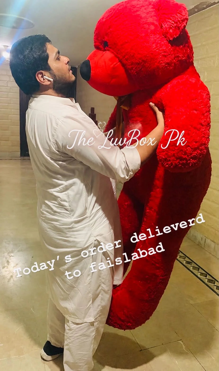 Happy customer with 5–6 feet human-size giant teddy bear in Faisalabad Pakistan