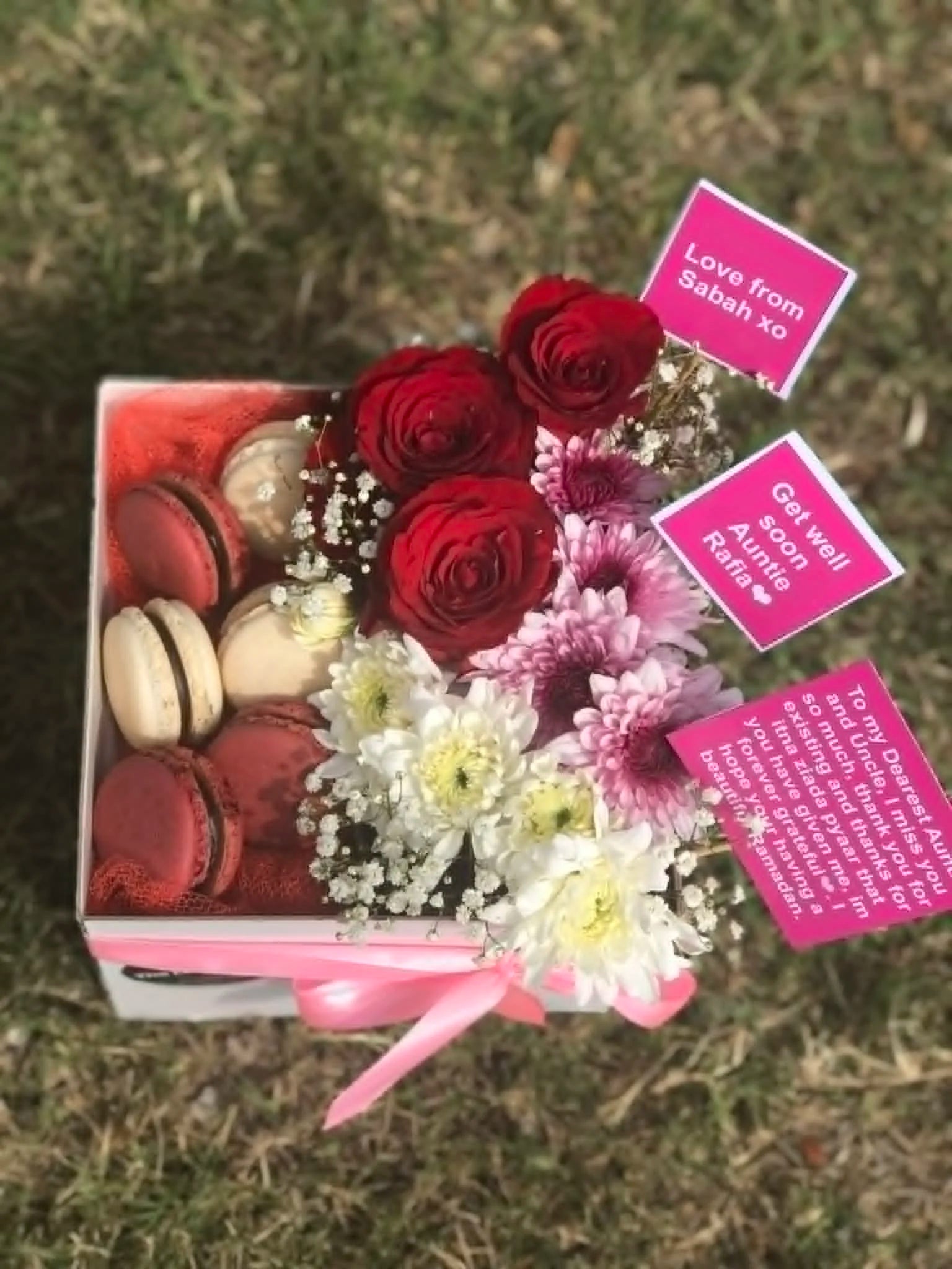 Cute flower box with mixed macarons for gifting in Islamabad.