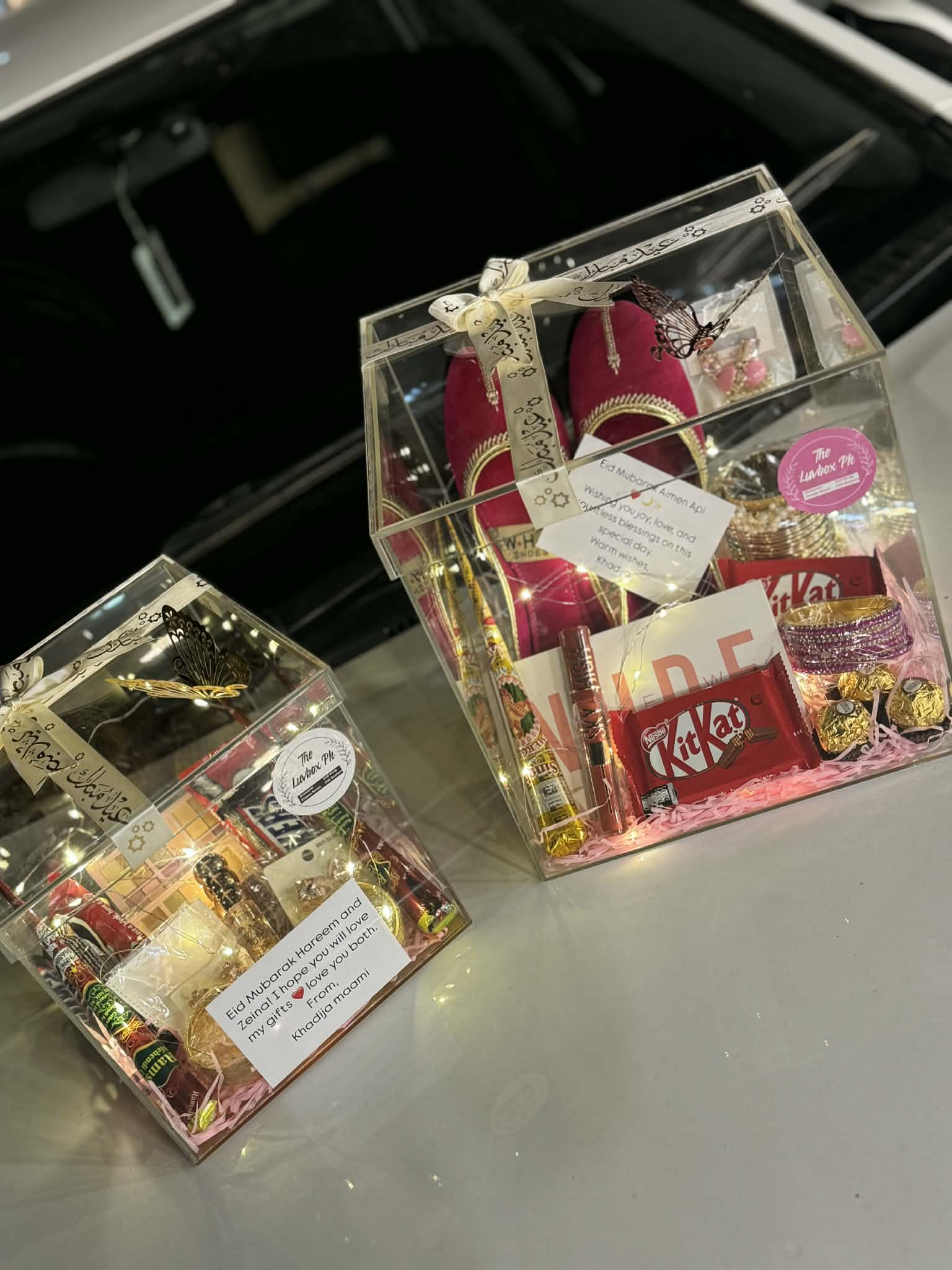 Eid acrylic gift box duo for mom and daughter with chocolates and Eid goodies