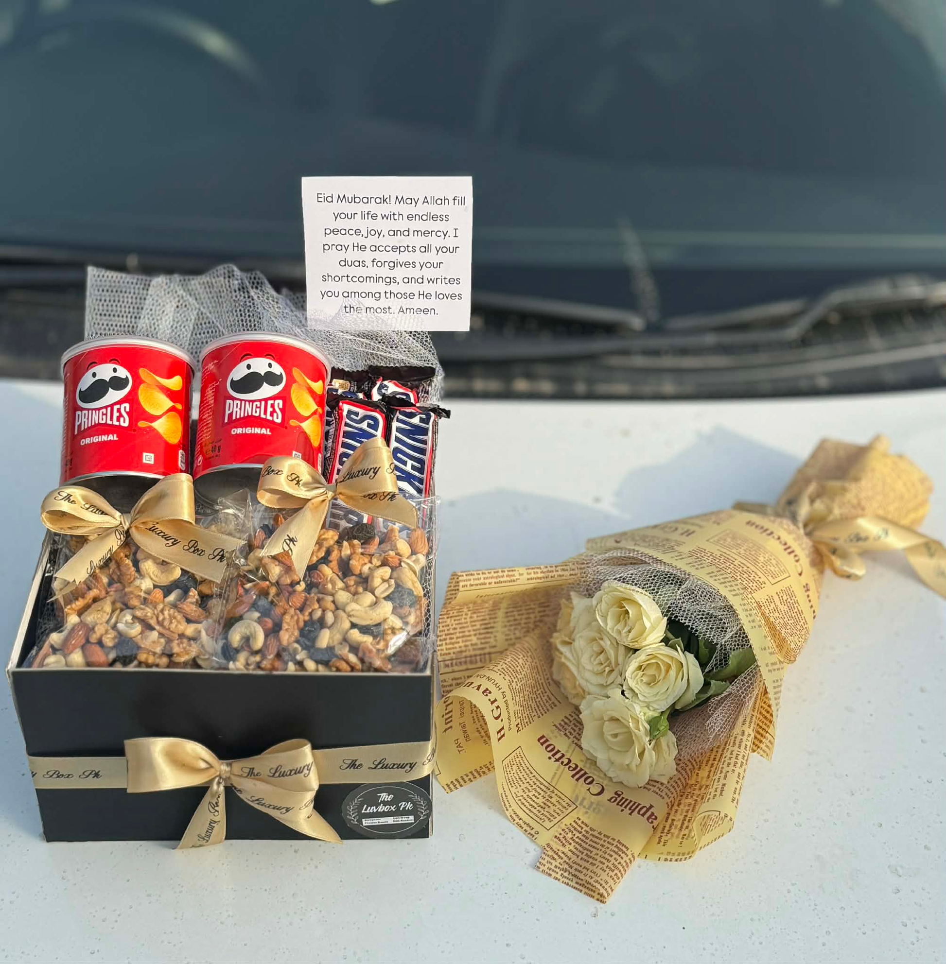 Mini dry fruits snack box with mini white rose flower box for Eid gift