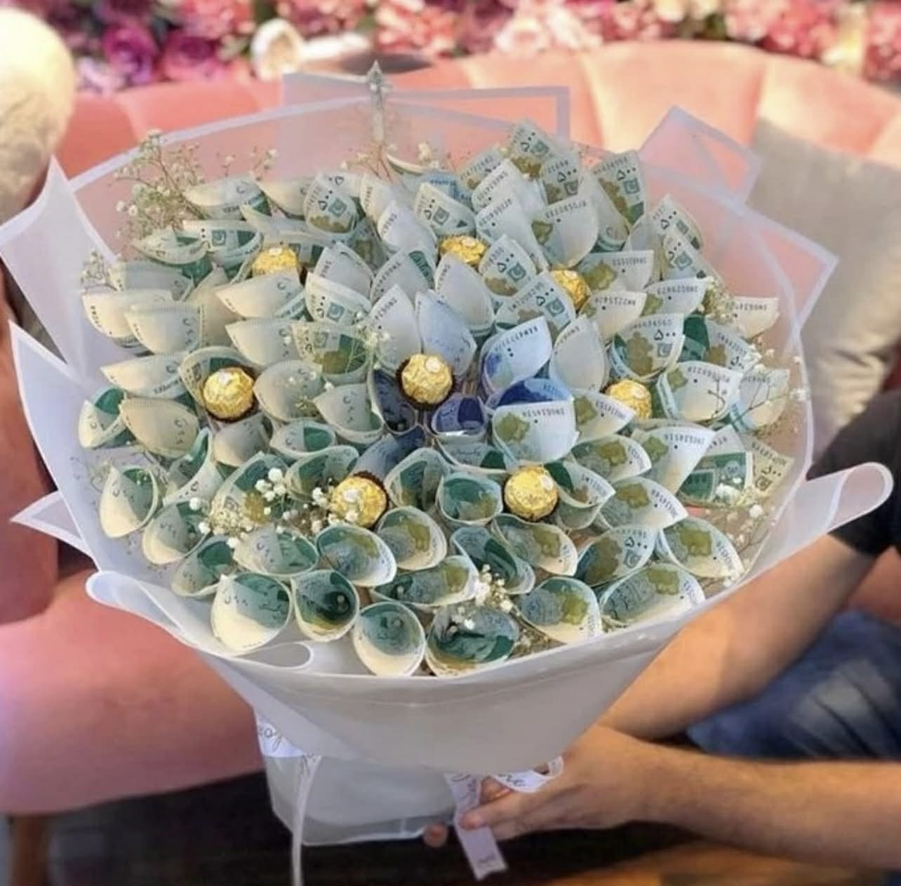 Eid themed money bouquet with ferrero chocolates and 40000 PKR cash