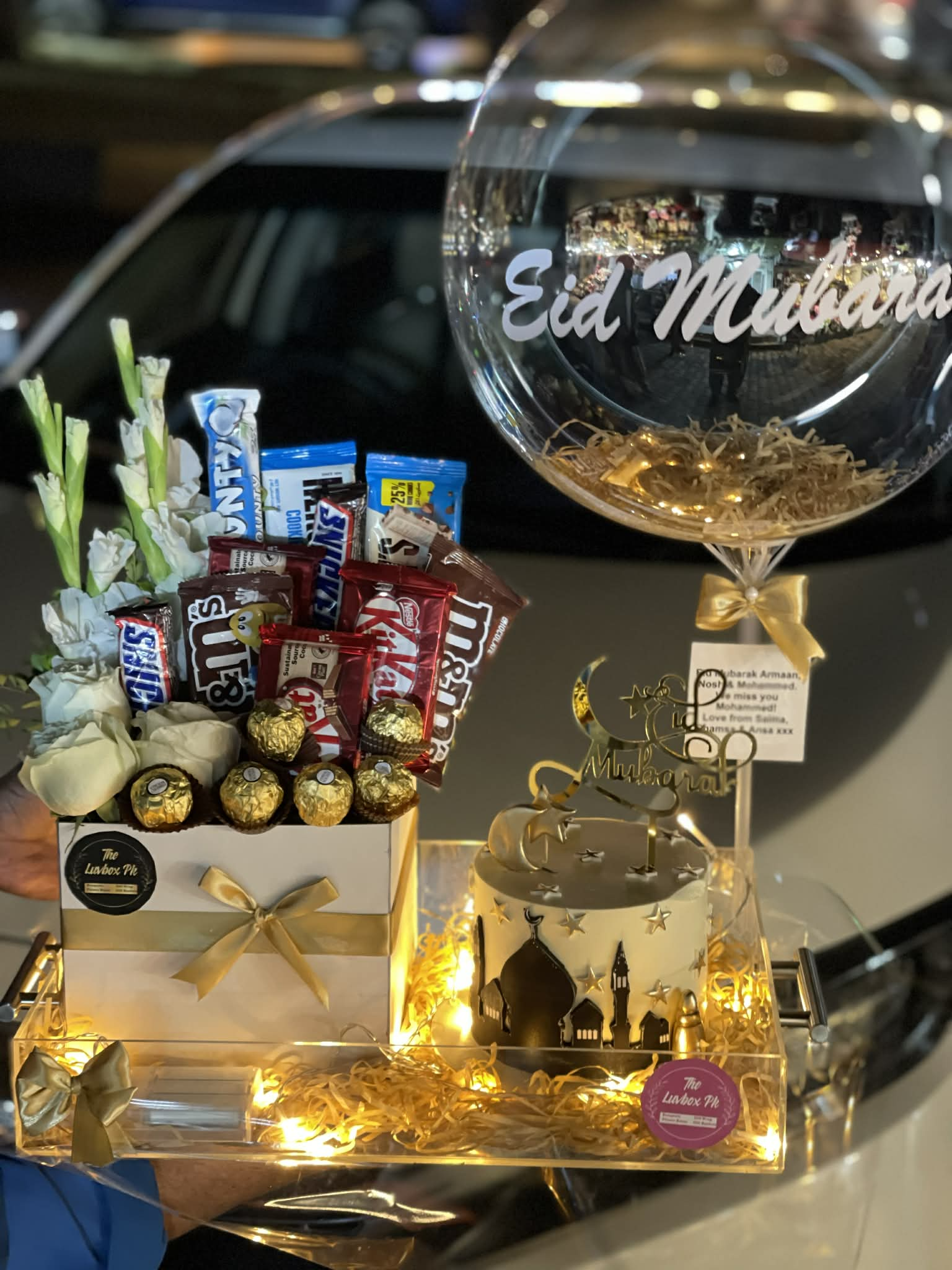 Eid Mubarak luxury acrylic tray with 2 lbs Eid cake and chocolate box