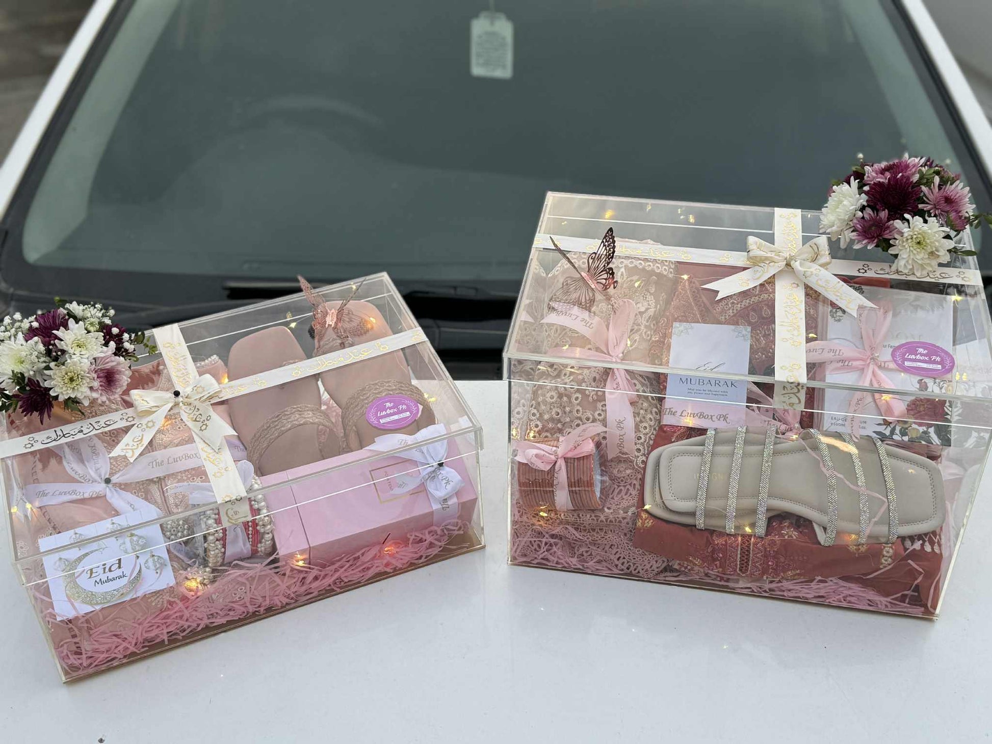 Wedding special acrylic box with shoes, outfit, bangles, perfume – luxury gift for her from gift shop in Islamabad