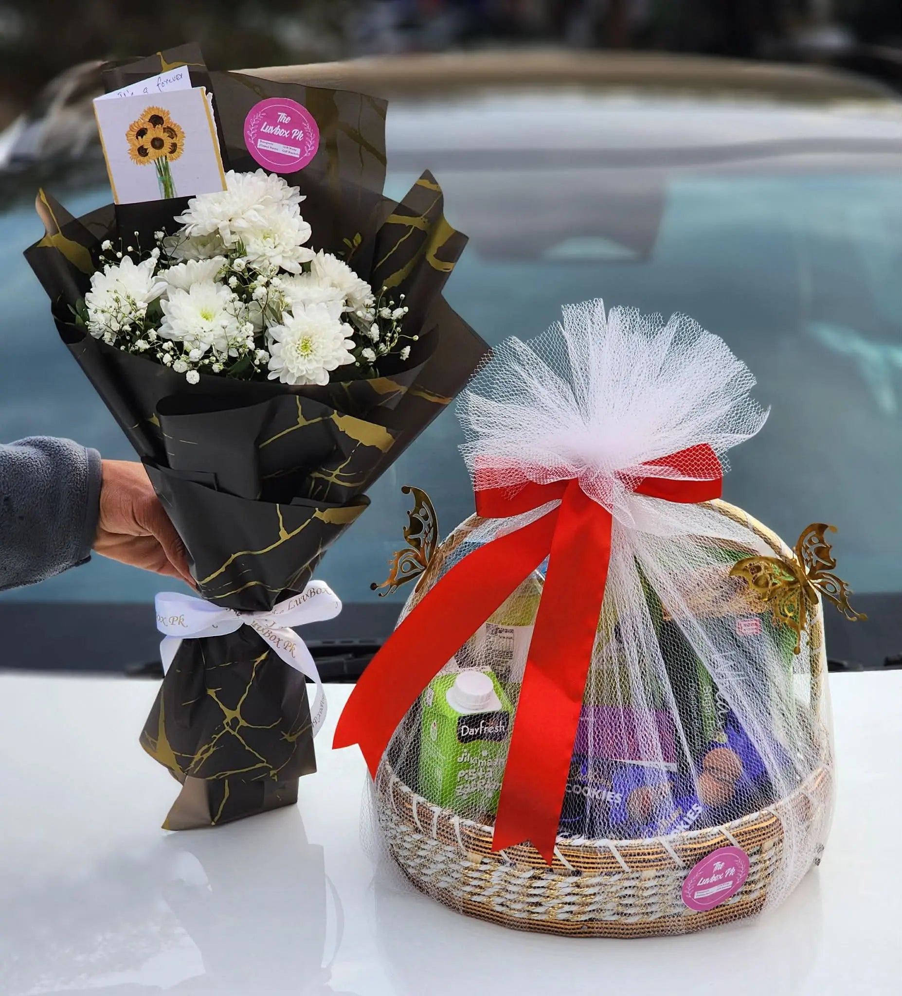 Get well soon combo with snack basket and mini flower bouquet from gift shop Islamabad
