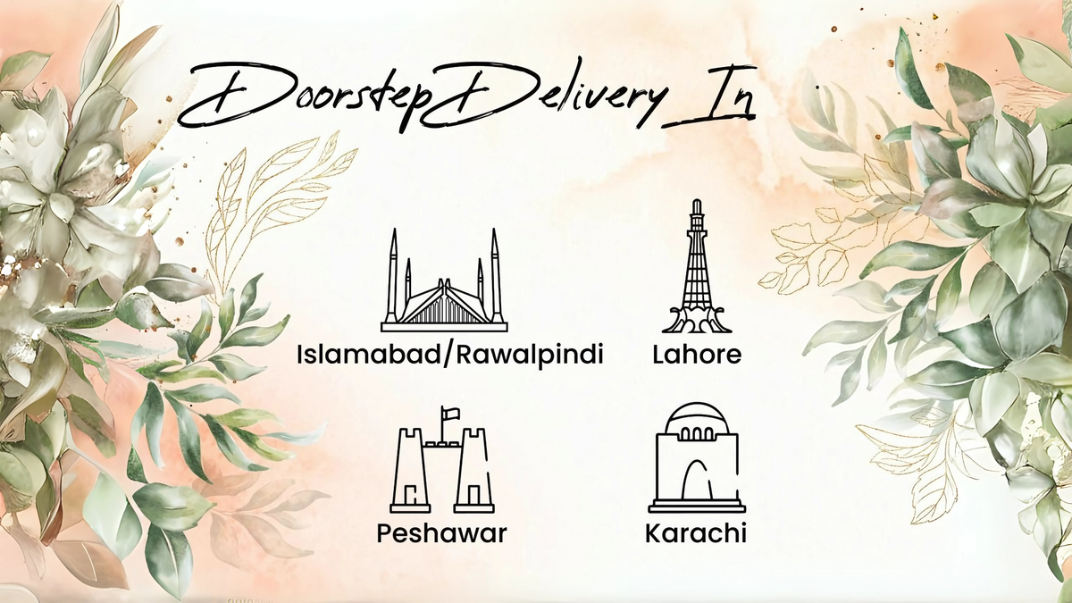 Doorstep delivery service with icons and text for Islamabad, Rawalpindi, Lahore, Peshawar, and Karachi on a floral background.