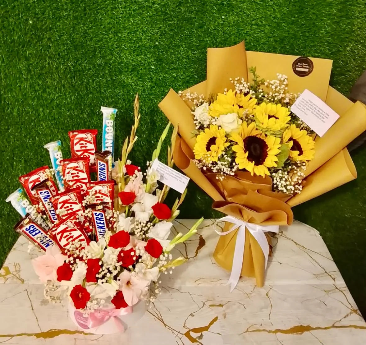 Sunflower bouquet with luxury mixed chocolate and flower box anniversary gift delivery Pakistan