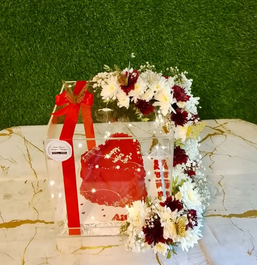 Luxury 3 lbs heart-shaped cake for wife in floral acrylic box Happy Wife's Day gift Pakistan
