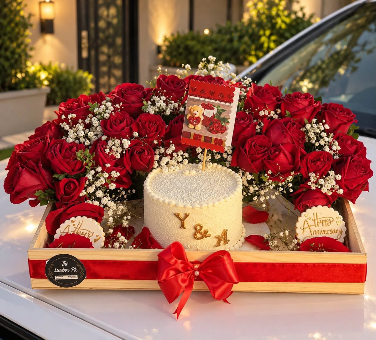 Personalized anniversary wooden tray with initials cake four custom cookies and fresh red rose decoration Pakistan