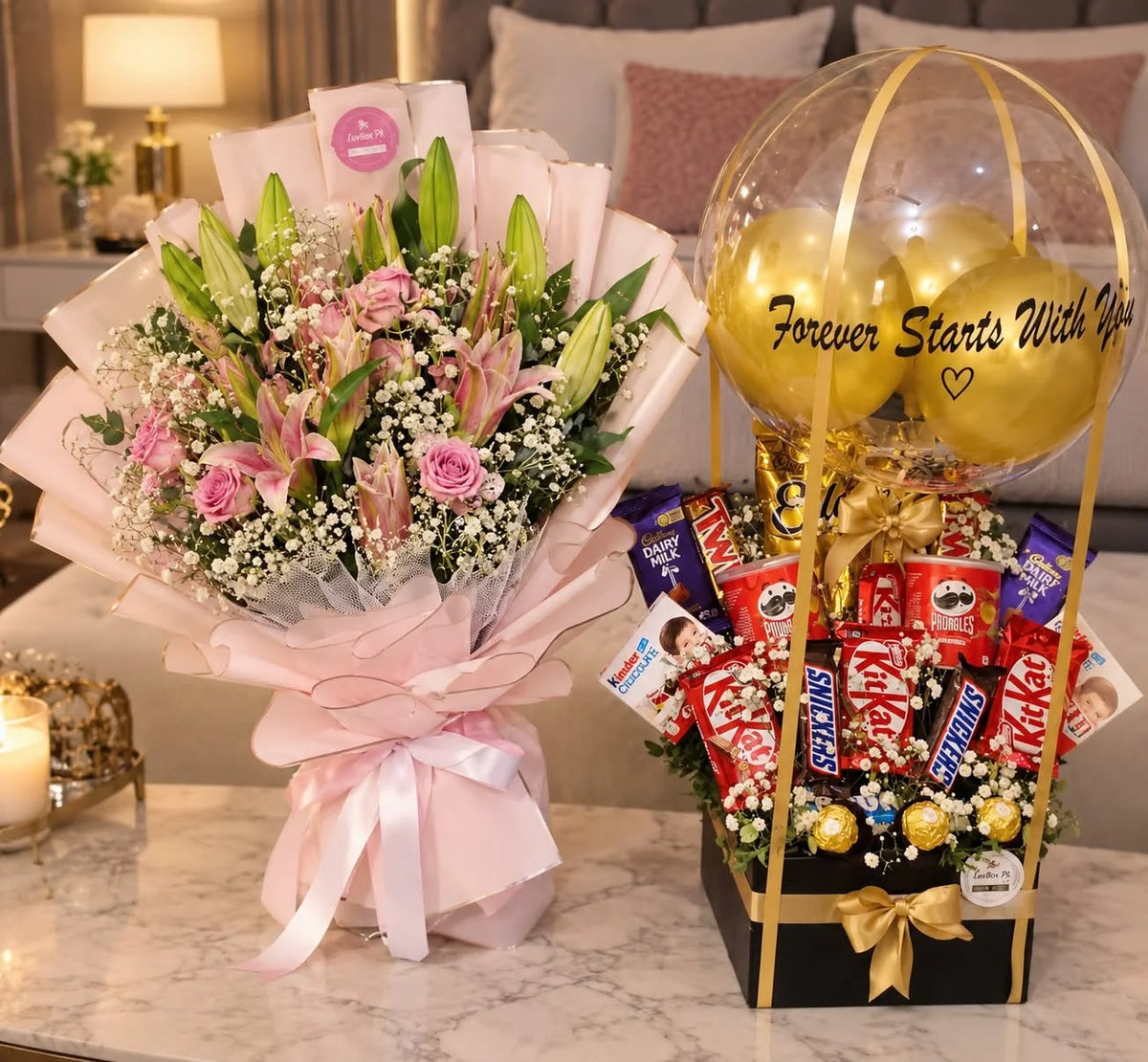Oversized pink lily bouquet with mixed chocolate balloon box anniversary gift delivery Pakistan