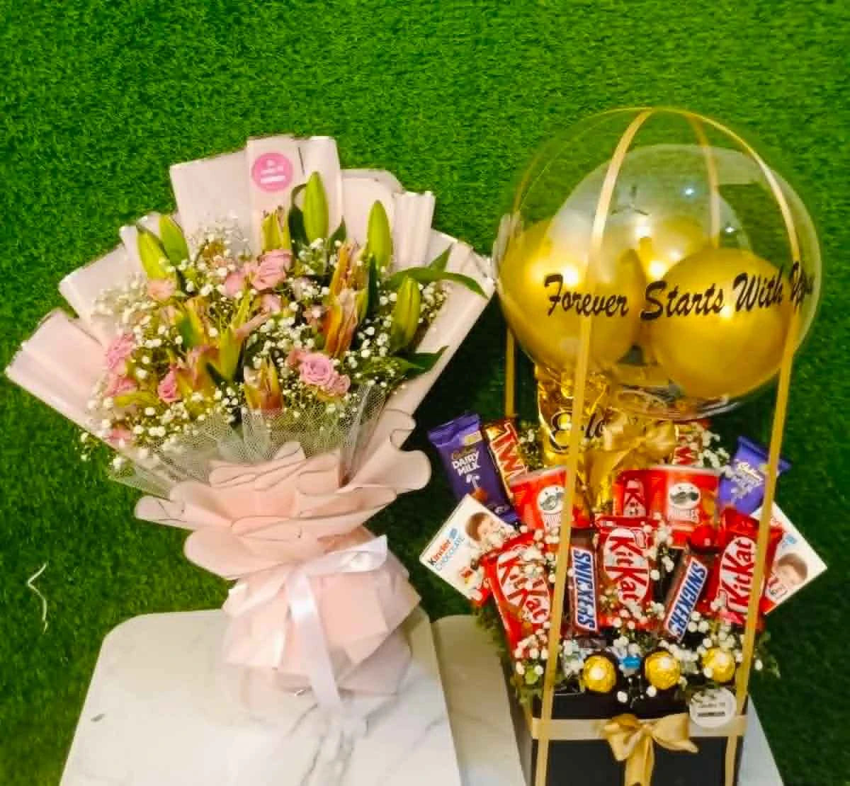 Premium lilies bouquet with chocolate balloon box luxury birthday gift combo Pakistan delivery