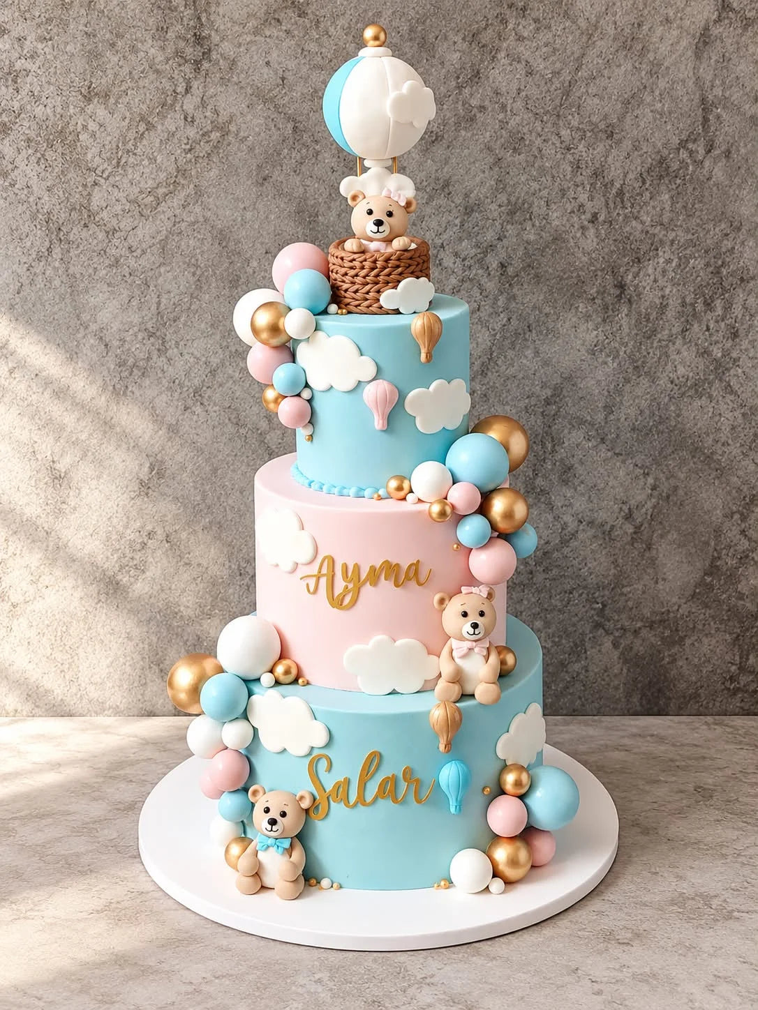 Luxury 11 to 13 lbs pink and blue fondant birthday cake for girls and boys with customized kids cake delivery in Pakistan