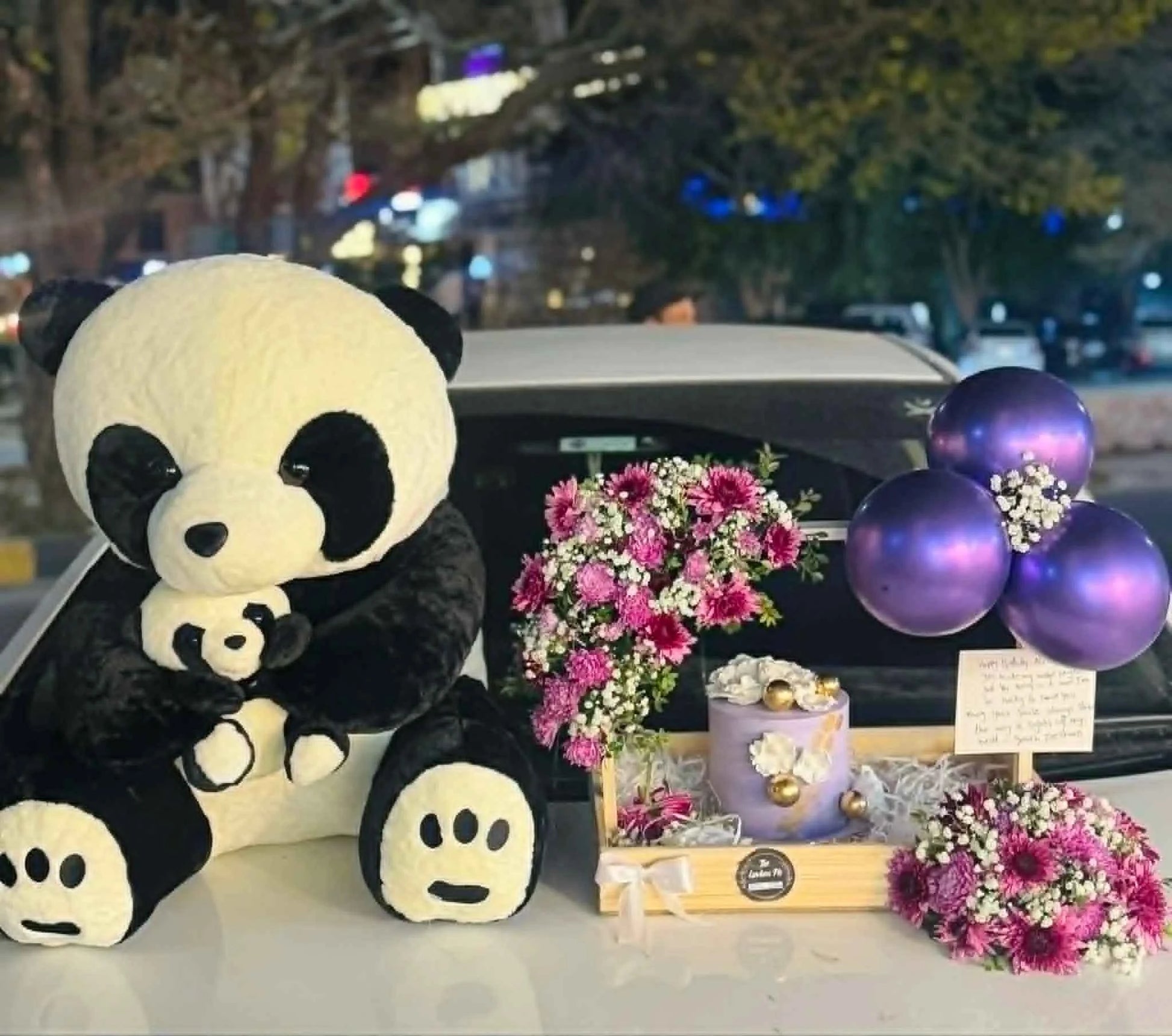 Lavender Dream Luxe – Birthday Combo with Panda Bear, Cake & Floral Tray