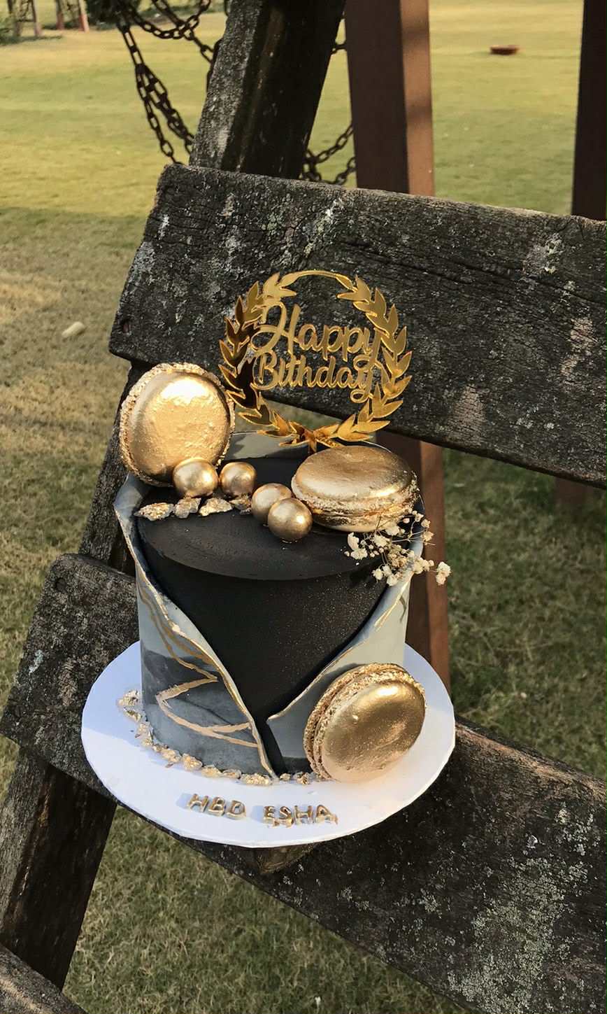 Luxury 3 lbs black and gold cake for him with elegant grey theme