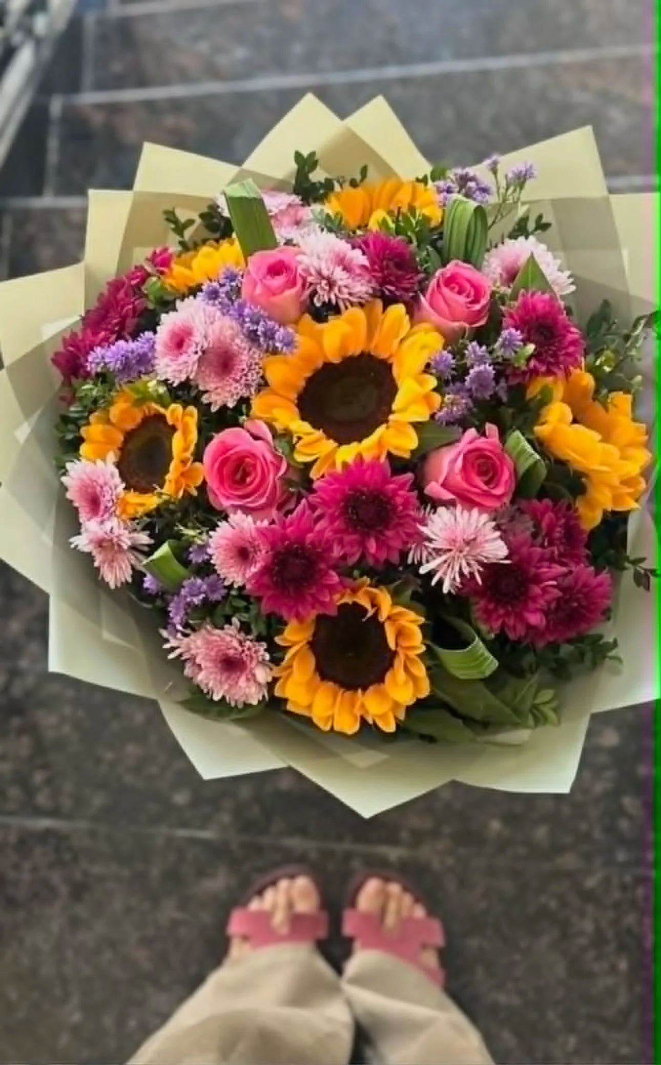 Mother’s Day bouquet with sunflowers, chrysanthemums and pink imported roses for gifting in Islamabad.