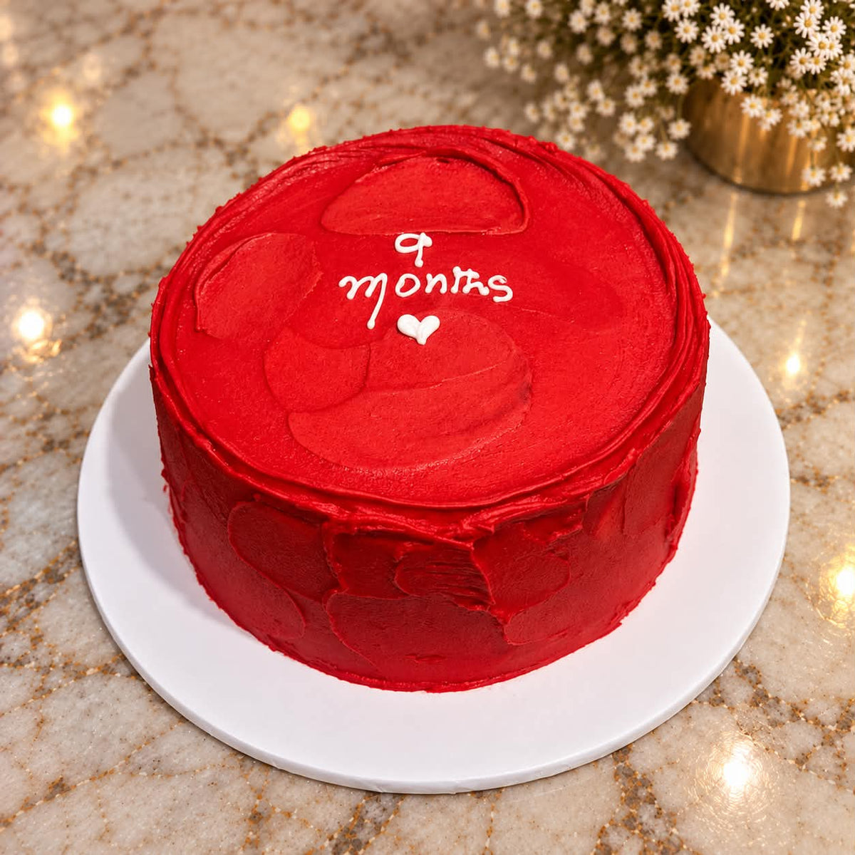 Premium 2 lbs red 9 months anniversary cake for couples with romantic customized design and cake delivery in Pakistan