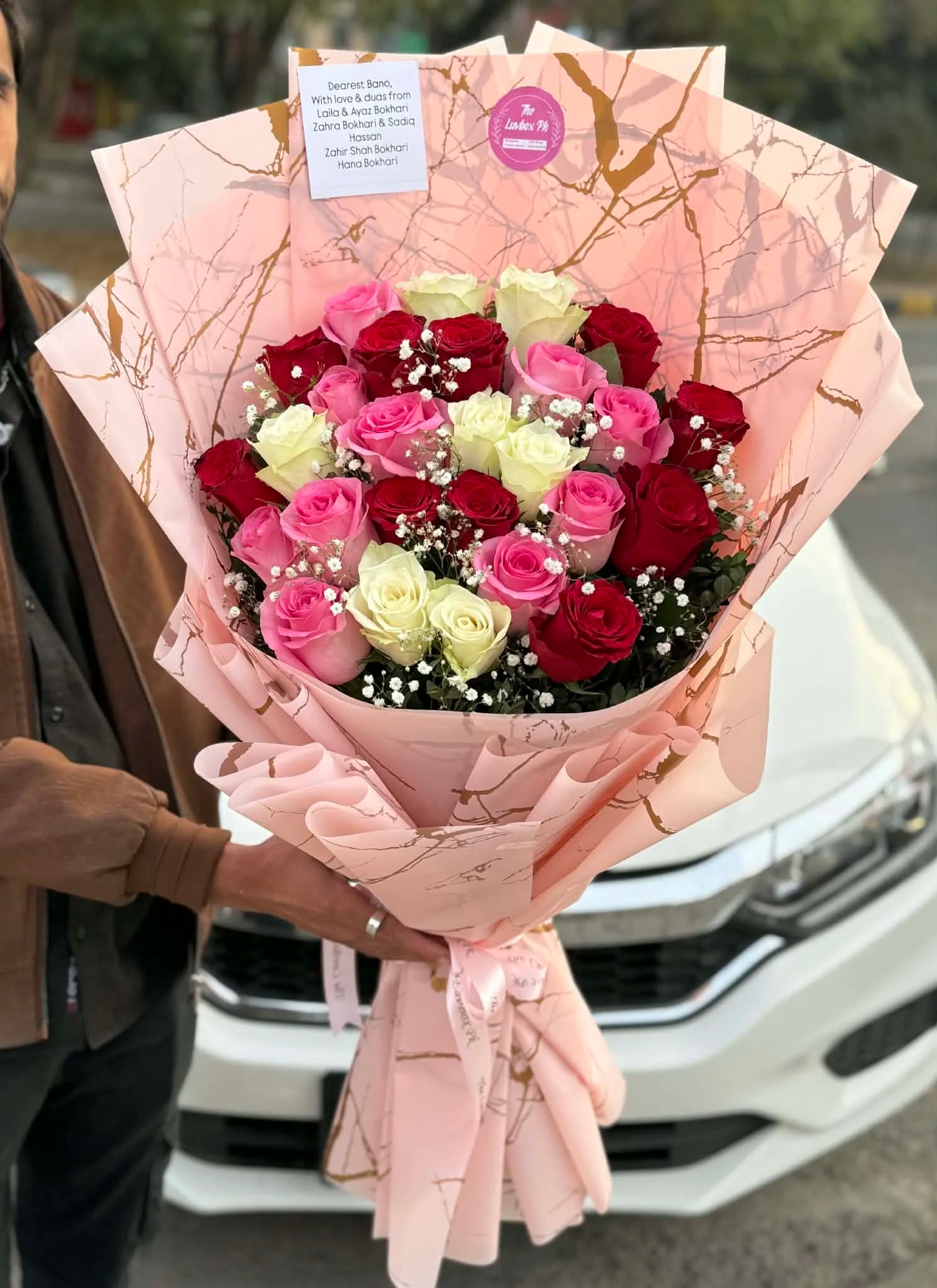 Oversized bouquet with long stem imported pink white and red roses