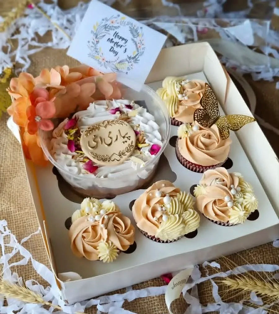 Mother’s Day bento cake Piyari Ami theme with pink cupcakes gift box Pakistan delivery