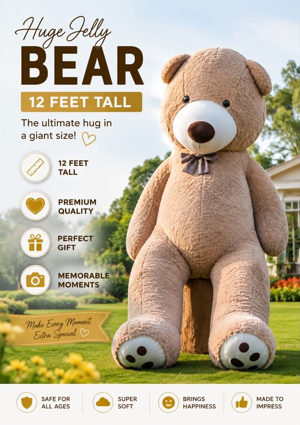 12 feet premium light brown giant teddy bear, luxury romantic gift for birthdays, anniversaries, and special occasions with delivery across Pakistan.