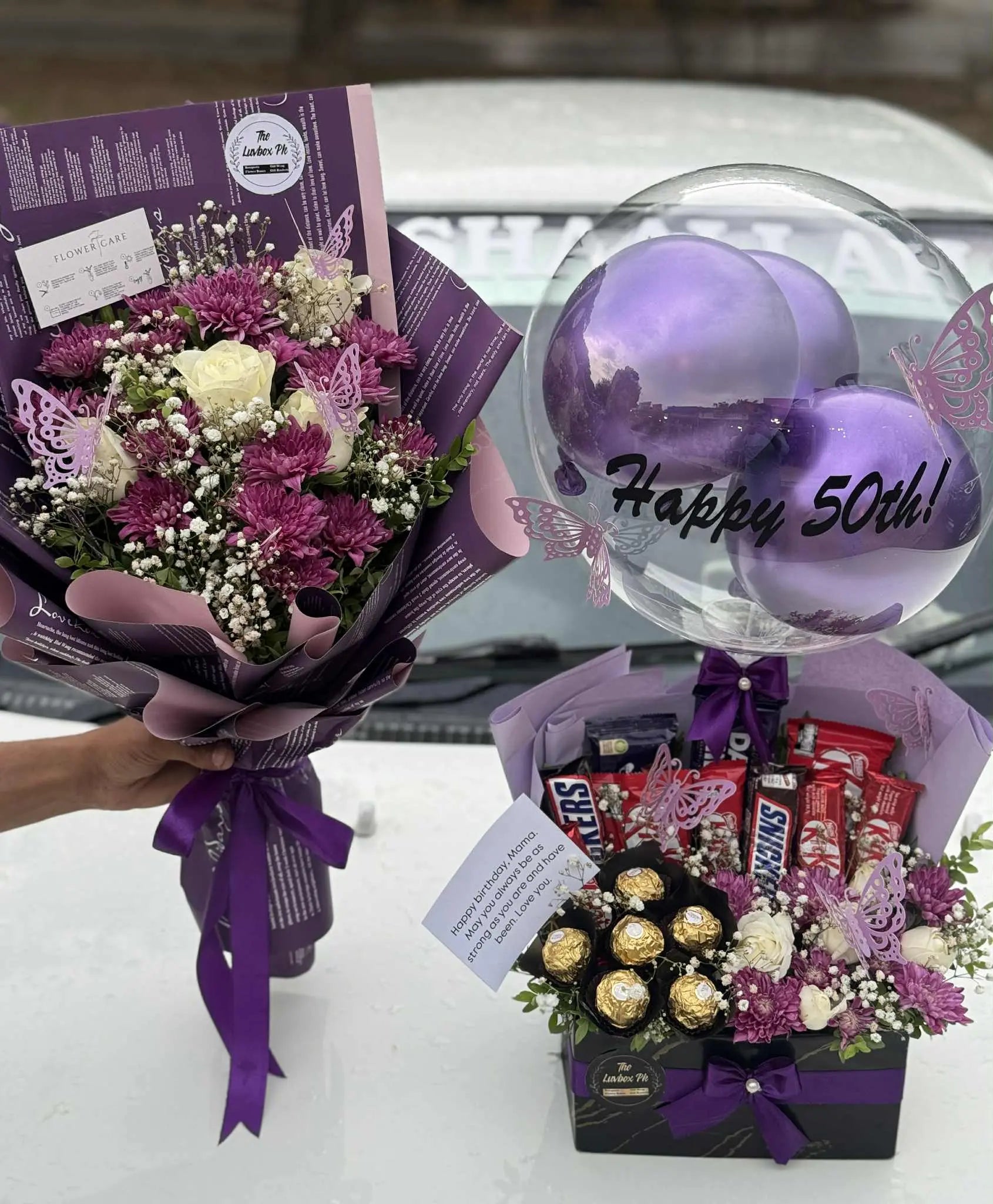 Purple flower bouquet with luxury chocolate box combo
