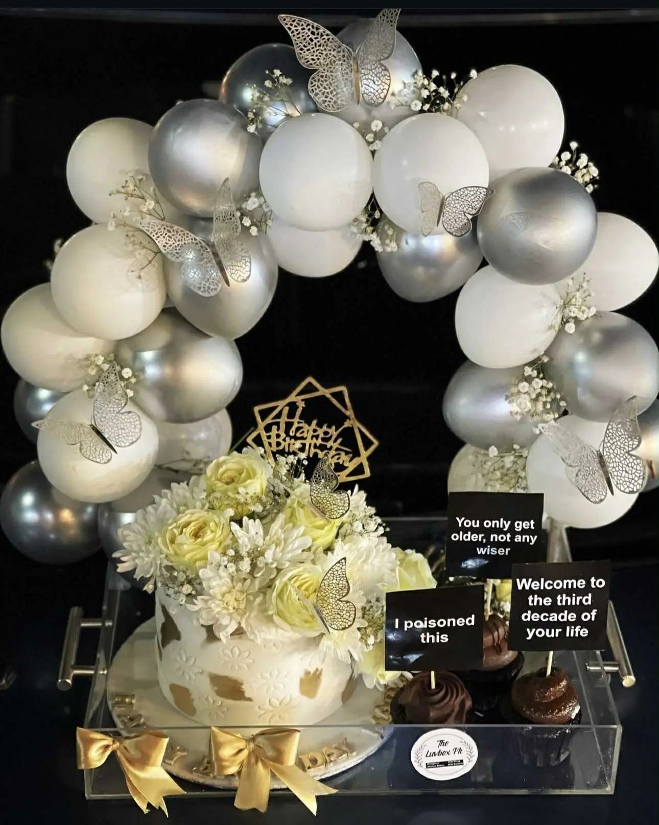 Luxury birthday acrylic tray with 3 lbs cake, balloon arch, and cupcakes