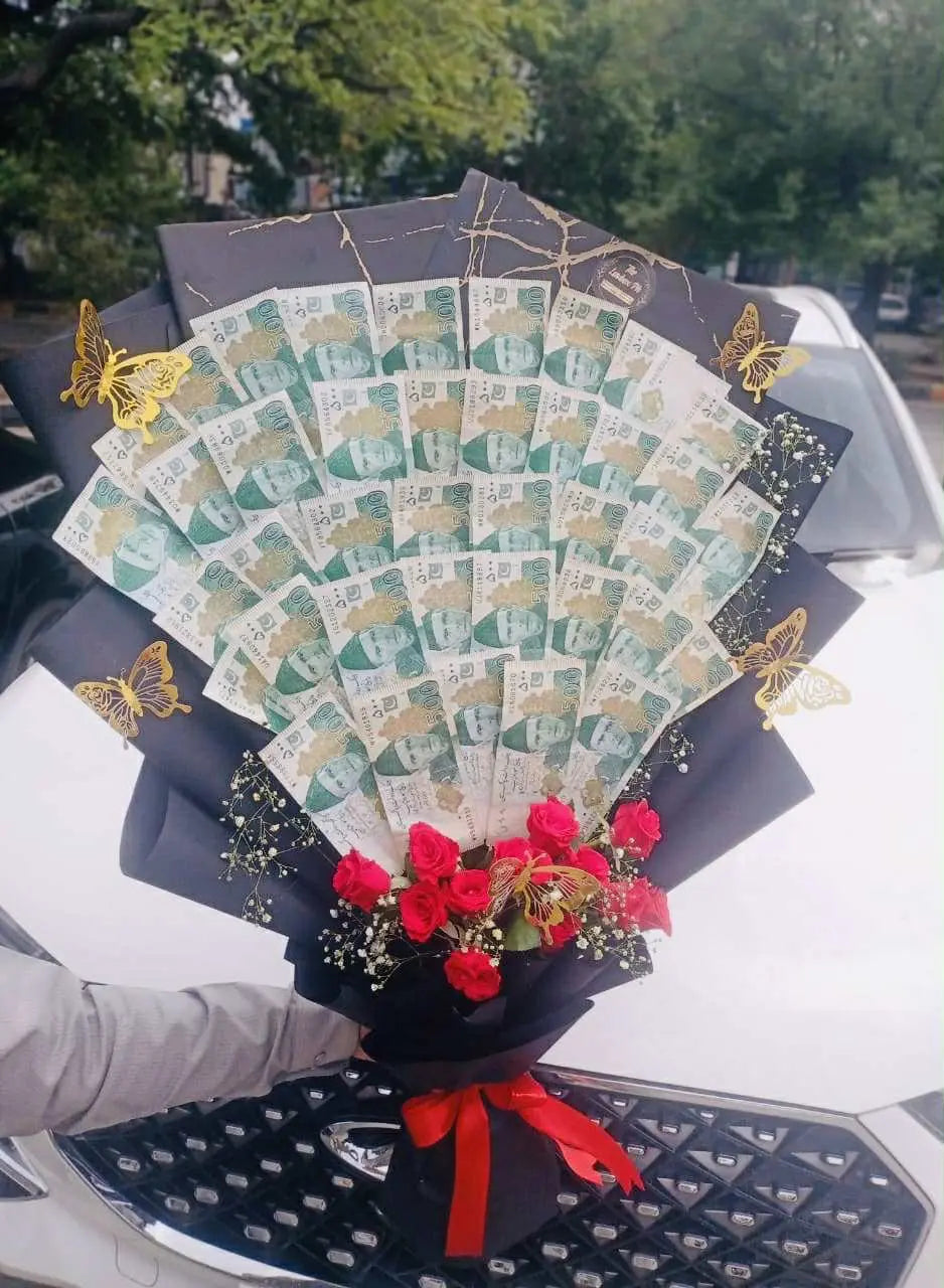 Luxury money bouquet with 40K cash and red roses wrapped in black