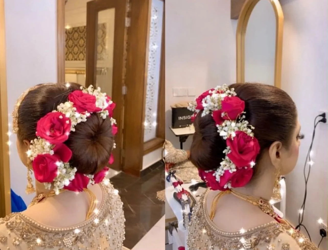 Luxury bridal head floral joora gajra with red roses and Baby’s Breath flowers for wedding hair jewelry, Mehndi, Nikah, and bridal events in Pakistan.