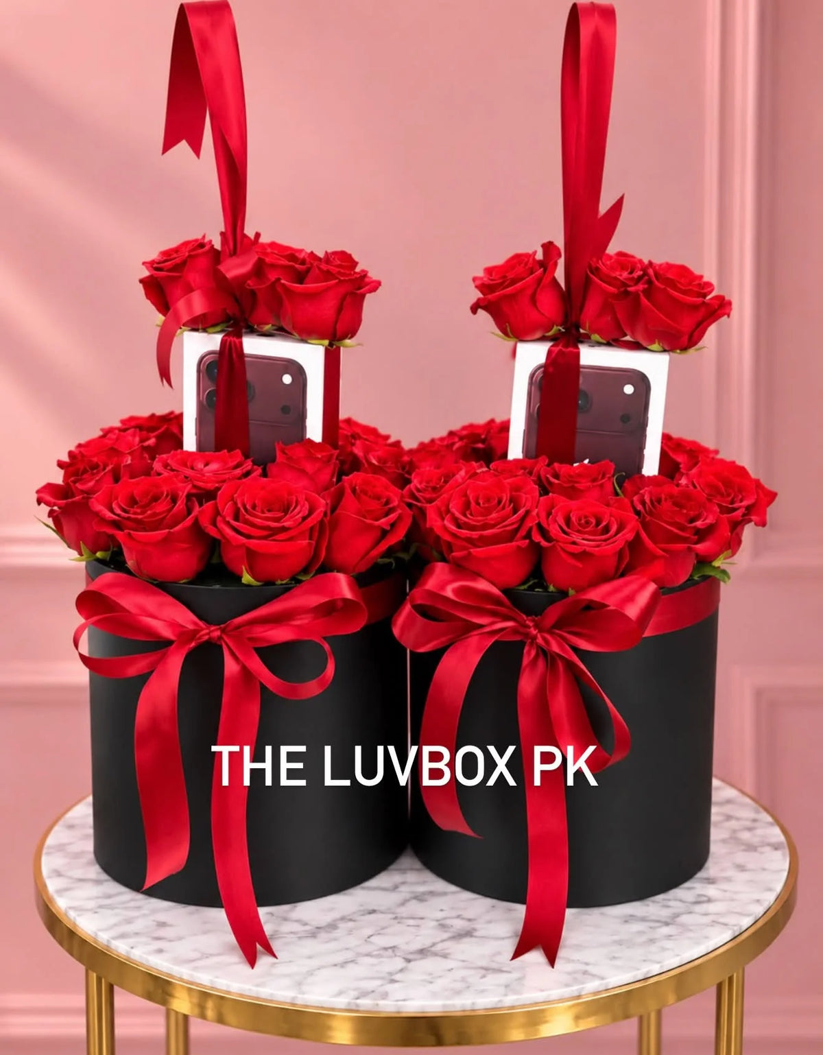 Luxury iPhone 18 surprise gift concealed inside a red rose box with fresh roses and pull-ribbon reveal for couples in Pakistan