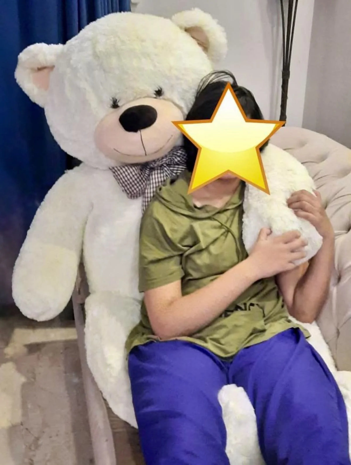 Happy customer with giant 6 feet white teddy bear in Islamabad Pakistan