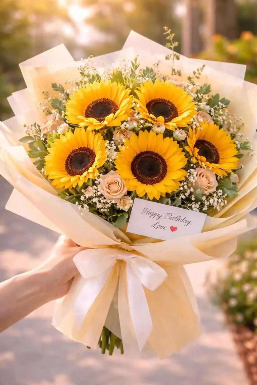 Sunshine Blush – Sunflower, Pink Rose & Baby’s Breath Bouquet