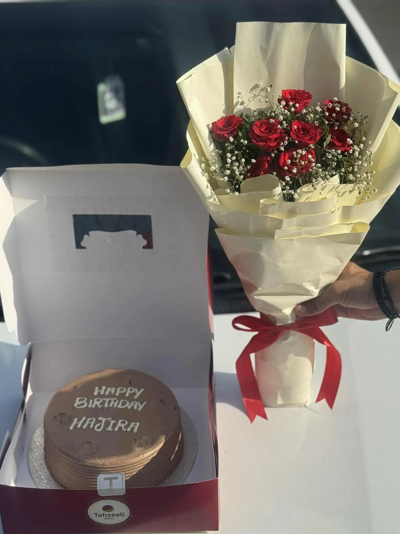 Sweet Bliss affordable combo gift – layers chocolate cake with premium red roses bouquet for delivery in Pakistan
