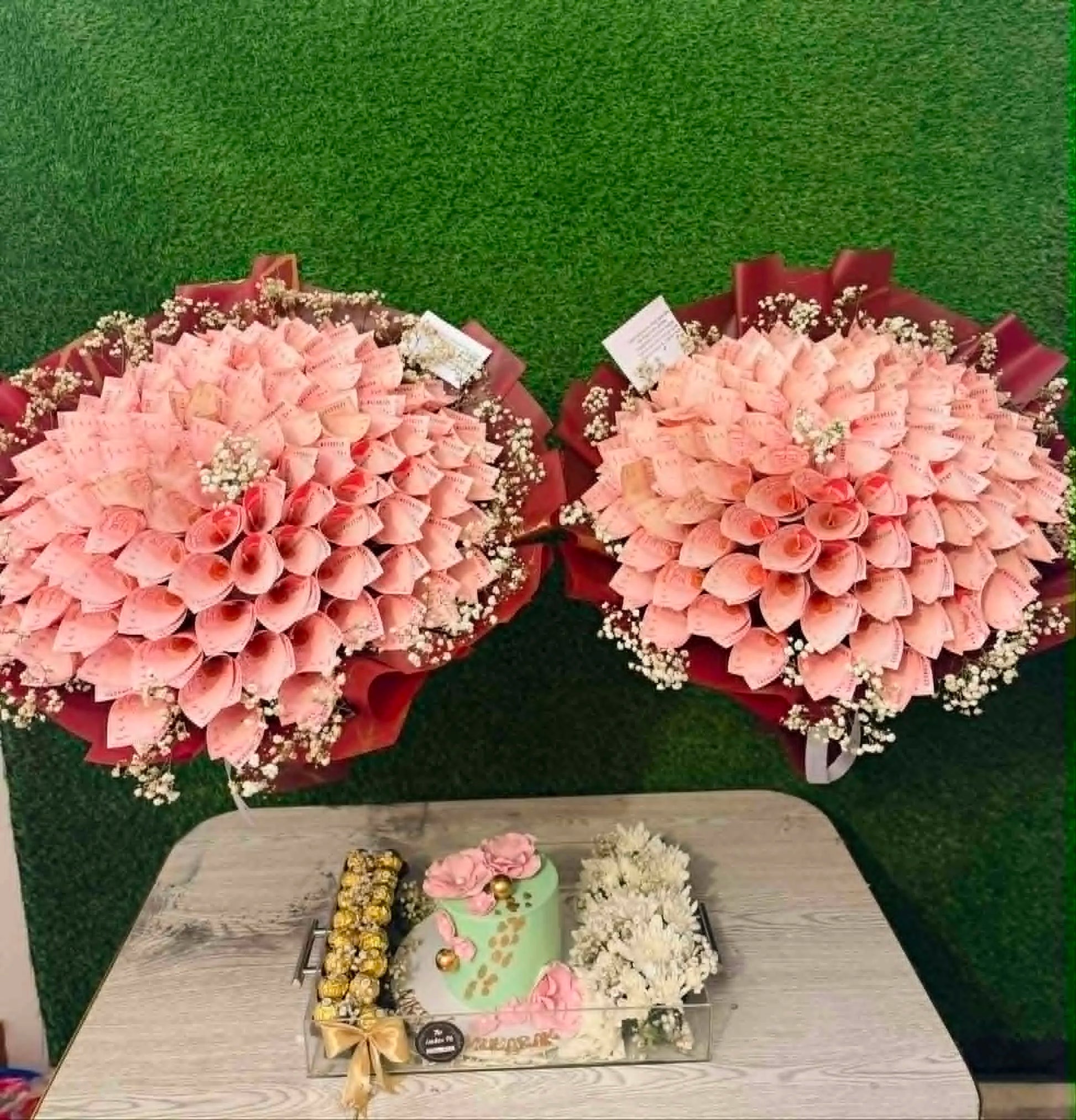 Luxury wedding gift hamper with cash bouquets cake ferrero and flowers in acrylic tray Pakistan delivery