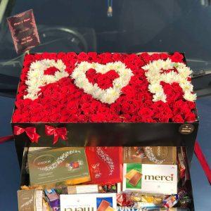 XXL wedding rose box with chrysanthemum lettering and chocolate drawer by The LuvBox PK