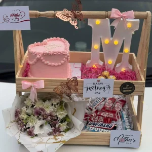 Wooden basket with cake, flowers, and teddy bear – Mother’s Day Gift by The LuvBox Pk