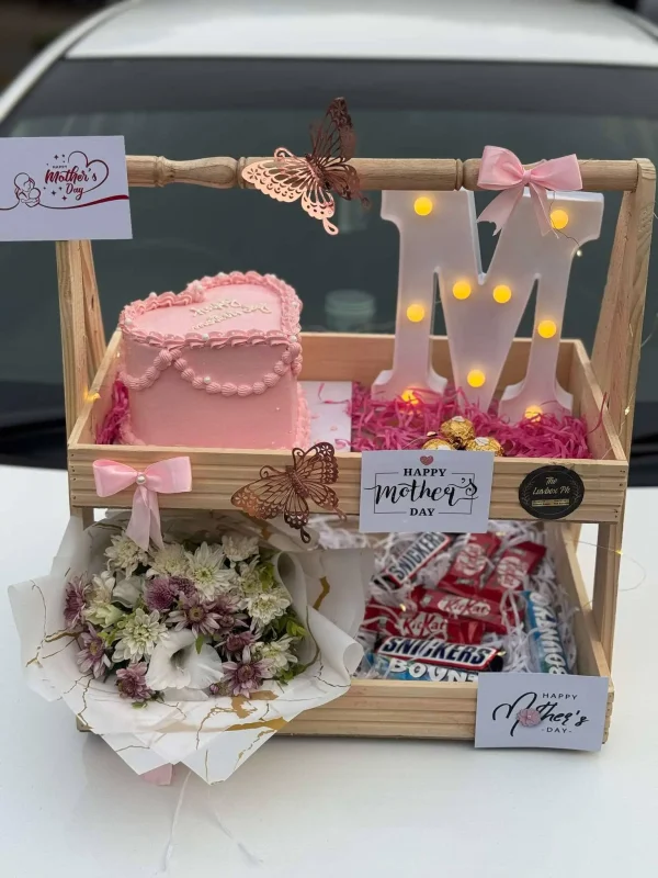 Wooden basket with cake, flowers, and teddy bear – Mother’s Day Gift by The LuvBox Pk