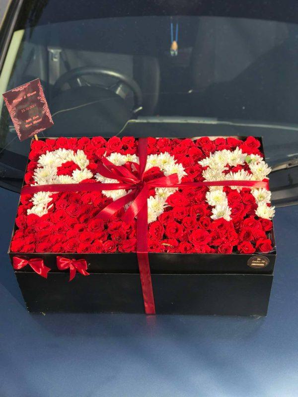 XXL wedding rose box with chrysanthemum lettering and chocolate drawer by The LuvBox PK