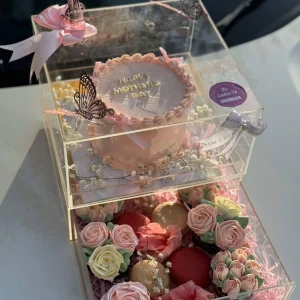 Mother’s Day Luxury Acrylic Box with Cake, Cupcakes, and Macarons | Gift Shop in Islamabad | The Luv Box PK
