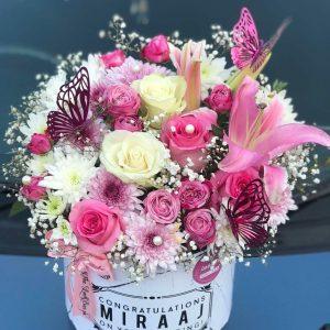 Butterfly Bloom Box with roses and chrysanthemums in a custom printed box – luxury flower gift in Islamabad