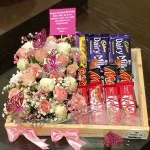Luxury tray with fresh flowers and assorted chocolates by The LuvBox PK – gift shop in Islamabad