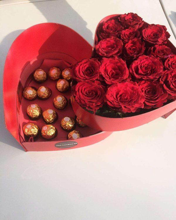 Heart-shaped Love Delight Box with red roses and Ferrero Rochers – The LuvBox PK, premium gift shop in Islamabad