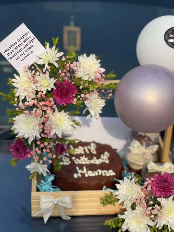 Floral Bliss Tray – Wooden Tray with Cake & Flowers | Gift Shop in Islamabad – The LuvBox Pk - Image 2