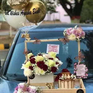 Aesthetic wooden basket with custom balloon, flower box & cake – The LuvBox PK gift shop in Islamabad