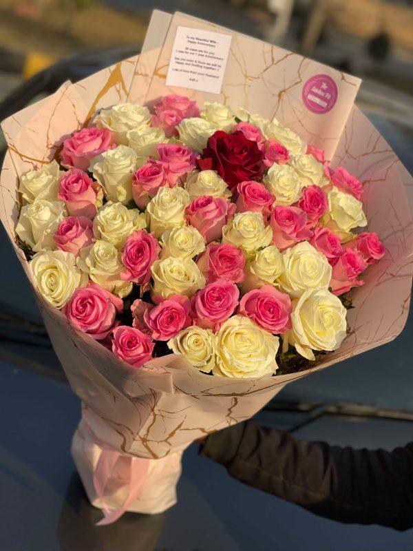 Luxury pink and white rose bouquet for mom – oversized 50 imported roses by The LuvBox Pk Islamabad.