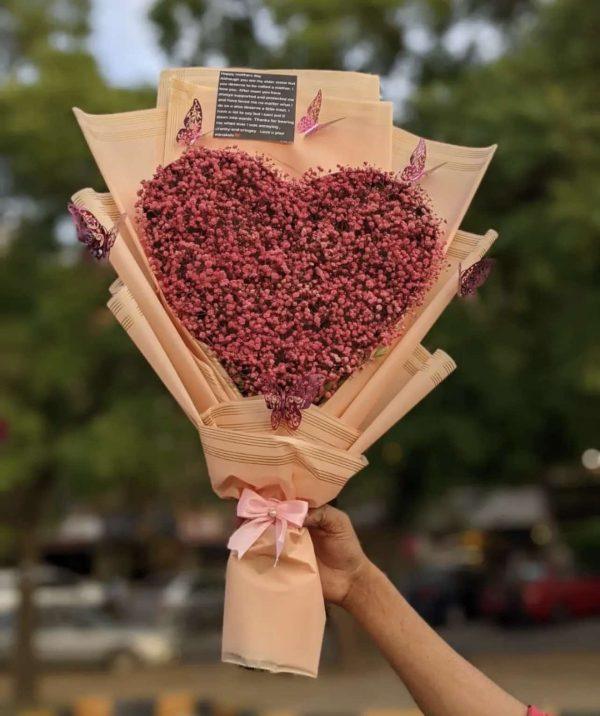 Pink baby’s breath heart bouquet – romantic floral gift by The LuvBox Pk, best flower shop in Islamabad.